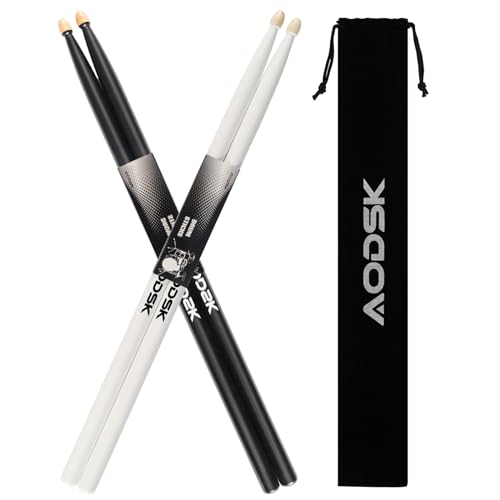 AODSK Drum Sticks,Classic 5A Drumsticks Comfortable Grip Hickory Wood,Black Wood Drumsticks,2 Pairs