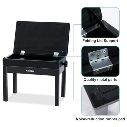 AODSK Adjustable Wooden Piano Bench with Padded Cushion and Storage with Sheet Music Storage Black 22.05''x13.39''x18.31''(Height Adjustable Range:18.31''-22.05'')