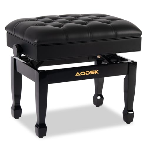 AODSK Piano Bench Adjustable with Storage,Heavy Wooden Piano Stool Padded Piano Seat Cushion,Black Keyboard Bench,15.75" D x 23.62" W x 18.5" H,Height Range 18.5''to 22.83''