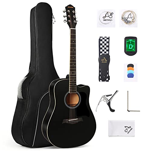 AODSK Acoustic Guitar Beginner 41 Inch Full Size Solid Spruce Top Guitarra Bundle Kit with Gig Bag Tuner Capo Picks String Strap,Right Hand Black