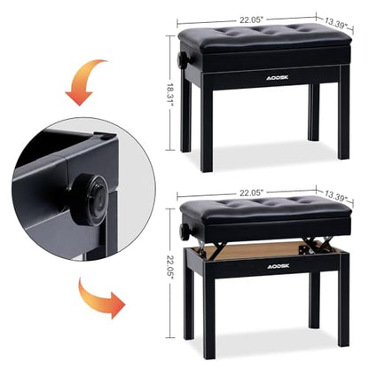 AODSK Adjustable Wooden Piano Bench with Padded Cushion and Storage with Sheet Music Storage Black 22.05''x13.39''x18.31''(Height Adjustable Range:18.31''-22.05'')