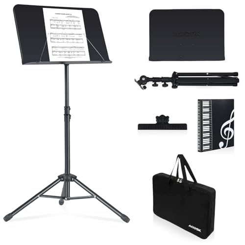 AODSK Sheet Music Stand,5 in 1 Dual-Use Folding Sheet Music Stand & Desktop Book Stand with Portable Carrying Bag & Music Sheet Clip Holder & Sheet Music Book(Black)