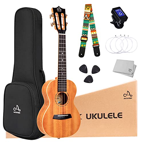 AODSK Soprano Ukulele for Beginners Kit for Kid Adult Student,Sapele Hawaiian Starter Uke Kids Guitar Ukalalee with Gig Bag and-Ukulele Lessons (Sapele Wood, Concert)