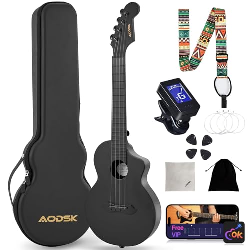 AODSK Concert Ukulele for Adult Kids Beginners Kit,23 inch Carbon Fiber Travel Ukulele with Beginner Kit with Case,Pick,Strap,Strings.Ukulele Lessons（Black Blue Pink Orange White Randomly Shipped）