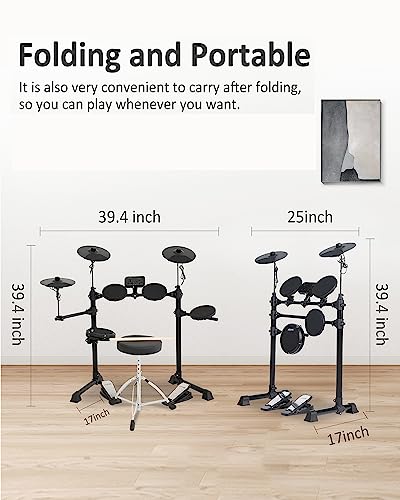 AODSK Electronic Drum Set,Electric Drum Set for Beginner with 150 Sounds,Drum Set With 4 Quiet Electric Drum Pads,2 Switch Pedal,Drum Throne,Drumsticks,On-Ear Headphones - AED-400