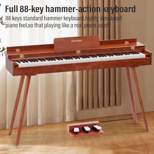 AODSK Wooden Digital Piano 88 Key Full Size Weighted Keyboard,All Solid Wood Body Piano for Beginners,with Sheet Music Stand,Triple Pedal,Power Adapter,Supports USB-MIDI Connecting(UB-99G)