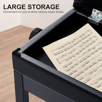 AODSK Adjustable Wooden Piano Bench with Padded Cushion and Storage with Sheet Music Storage Black 22.05''x13.39''x18.31''(Height Adjustable Range:18.31''-22.05'')