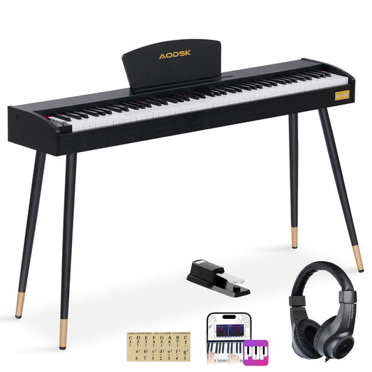 AODSK Beginner Digital Piano 88 Key Keyboard,Full-size Electric Piano for Beginners,with Sheet Music Stand,Pedal,Power Adapter,Headphone Mode,USB-MIDI,Piano Lessons,Black,-Comes with headphones