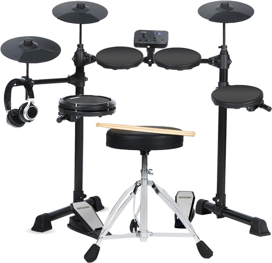 AODSK Electronic Drum Set,Electric Drum Kit for Beginner with 150 Sounds,Drum Set With 4 Quiet Electric Drum Pads,2 Switch Pedal,Drum Throne,Drumsticks,On-Ear Headphones - AED-400