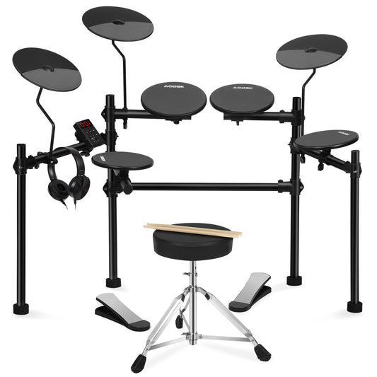 AODSK Electric Drum Set with 4 Quiet Drum Pads,Portable and Solid Drum Set for Beginner with 200 Sounds,2 Switch Pedal,Drum Throne,Drumsticks,On-Ear Headphones - AED-100