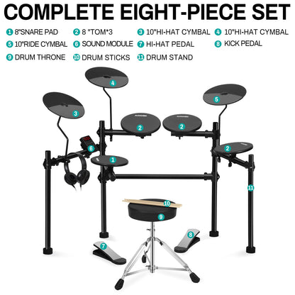 AODSK Electric Drum Set with 4 Quiet Drum Pads,Portable and Solid Drum Set for Beginner with 200 Sounds,2 Switch Pedal,Drum Throne,Drumsticks,On-Ear Headphones - AED-100