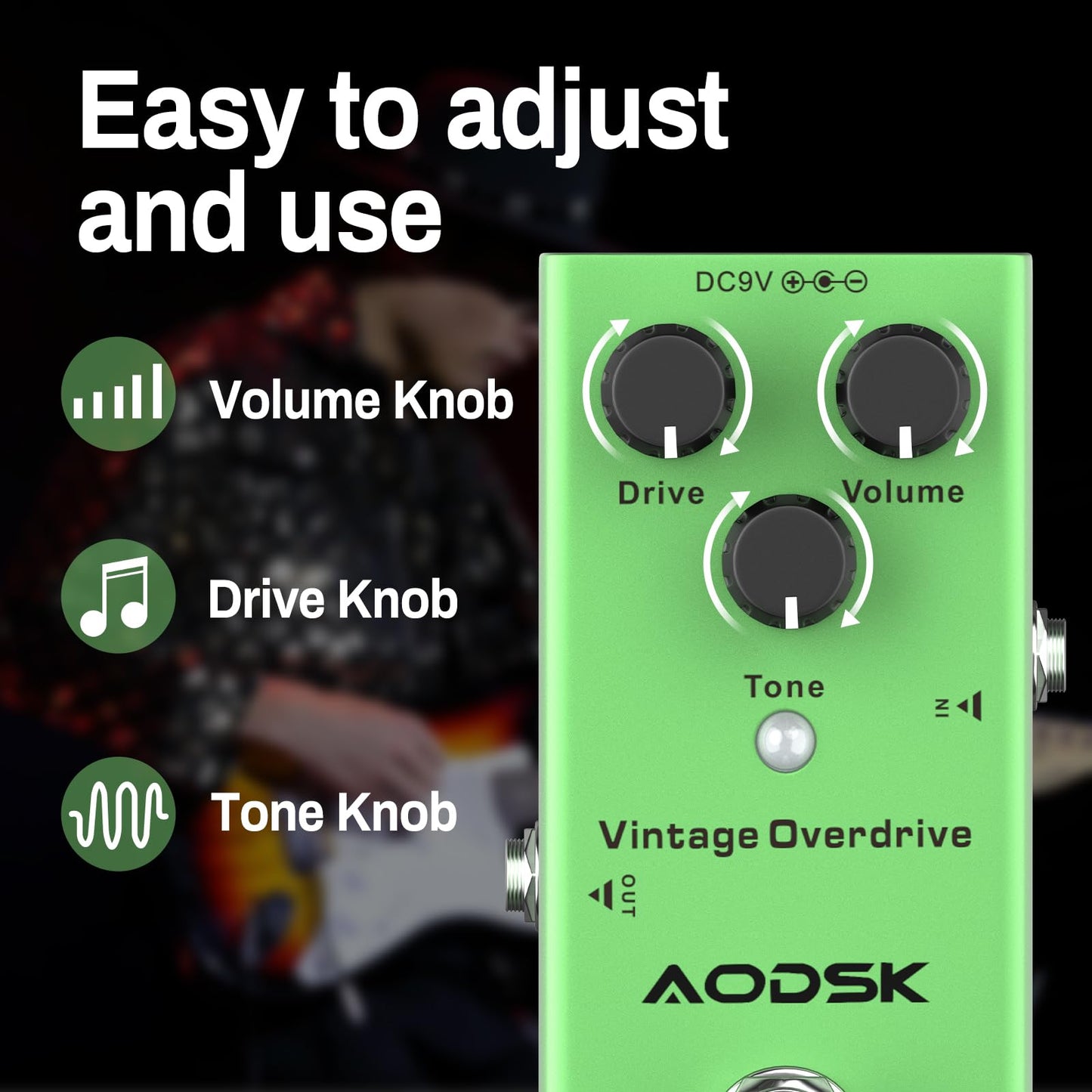 AODSK Electric Guitar Effect Pedal, Vintage Overdrive, Tone, Drive, Volume Adjustable, True Bypass, 9V DC