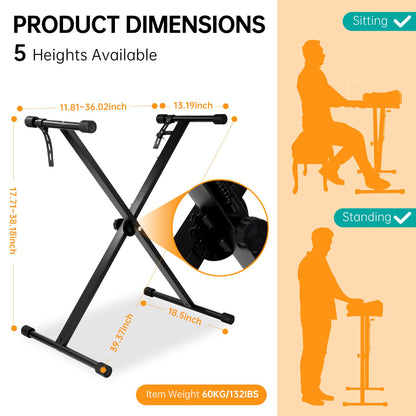 AODSK Single-X Keyboard Stand Adjustable Width & Height,Piano Stand with Locking Straps & Quick Release Mechanism-Adjust height in one second