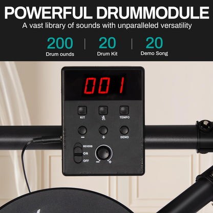 AODSK Electric Drum Set with 4 Quiet Drum Pads,Portable and Solid Drum Set for Beginner with 200 Sounds,2 Switch Pedal,Drum Throne,Drumsticks,On-Ear Headphones - AED-100