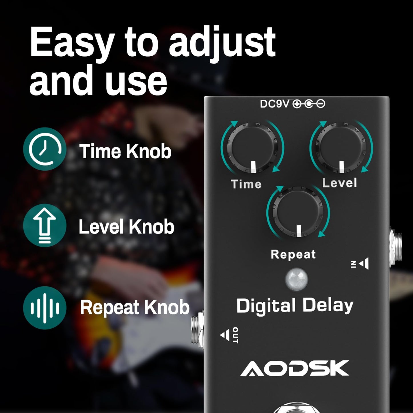 AODSK Electric Guitar Effect Pedal, Digital Delay, Time, Level, Repeat,True Bypass, 9V DC