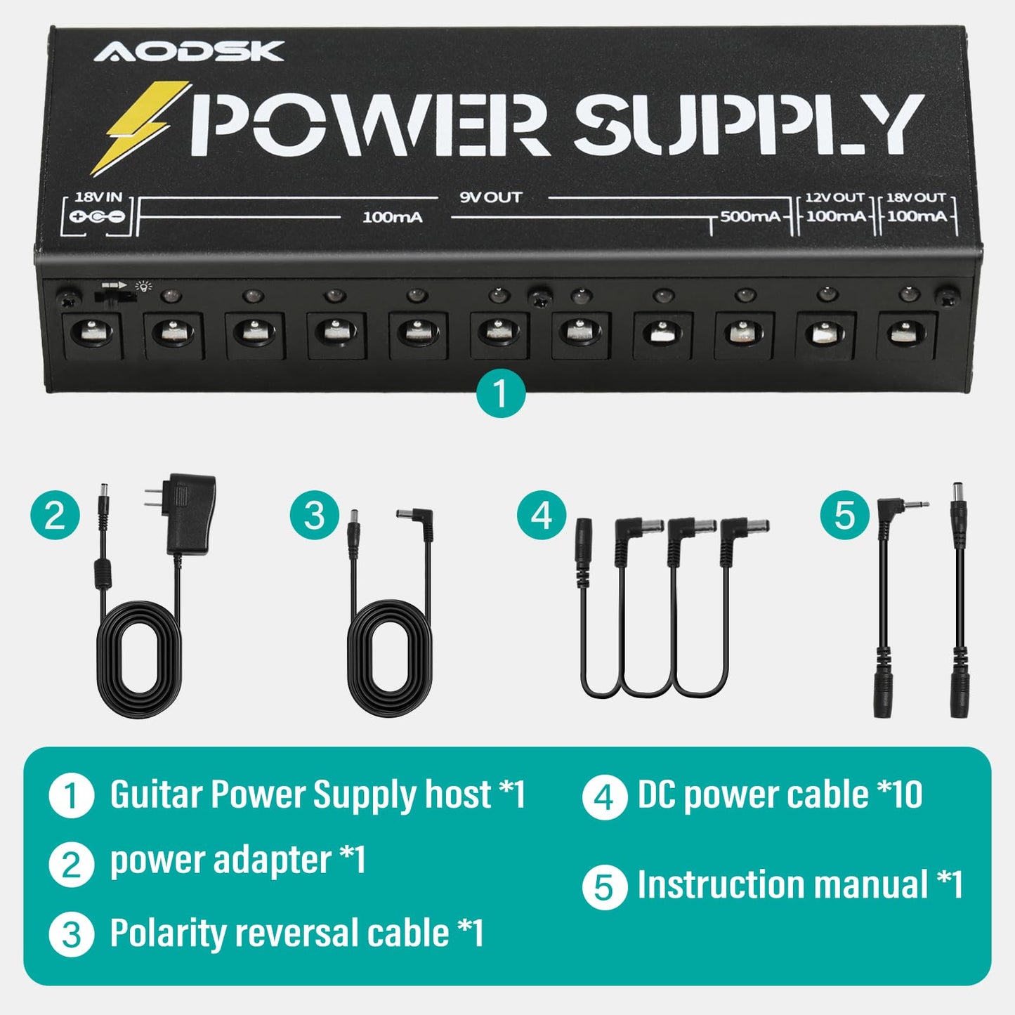 AODSK Guitar Effect Pedal Power Supply,9V/12V/18V DC Output,10 Isolated DC Output（AH-05）