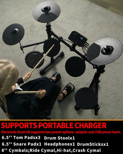 AODSK Electronic Drum Set,Electric Drum Kit for Beginner with 150 Sounds,Drum Set With 4 Quiet Electric Drum Pads,2 Switch Pedal,Drum Throne,Drumsticks,On-Ear Headphones - AED-400