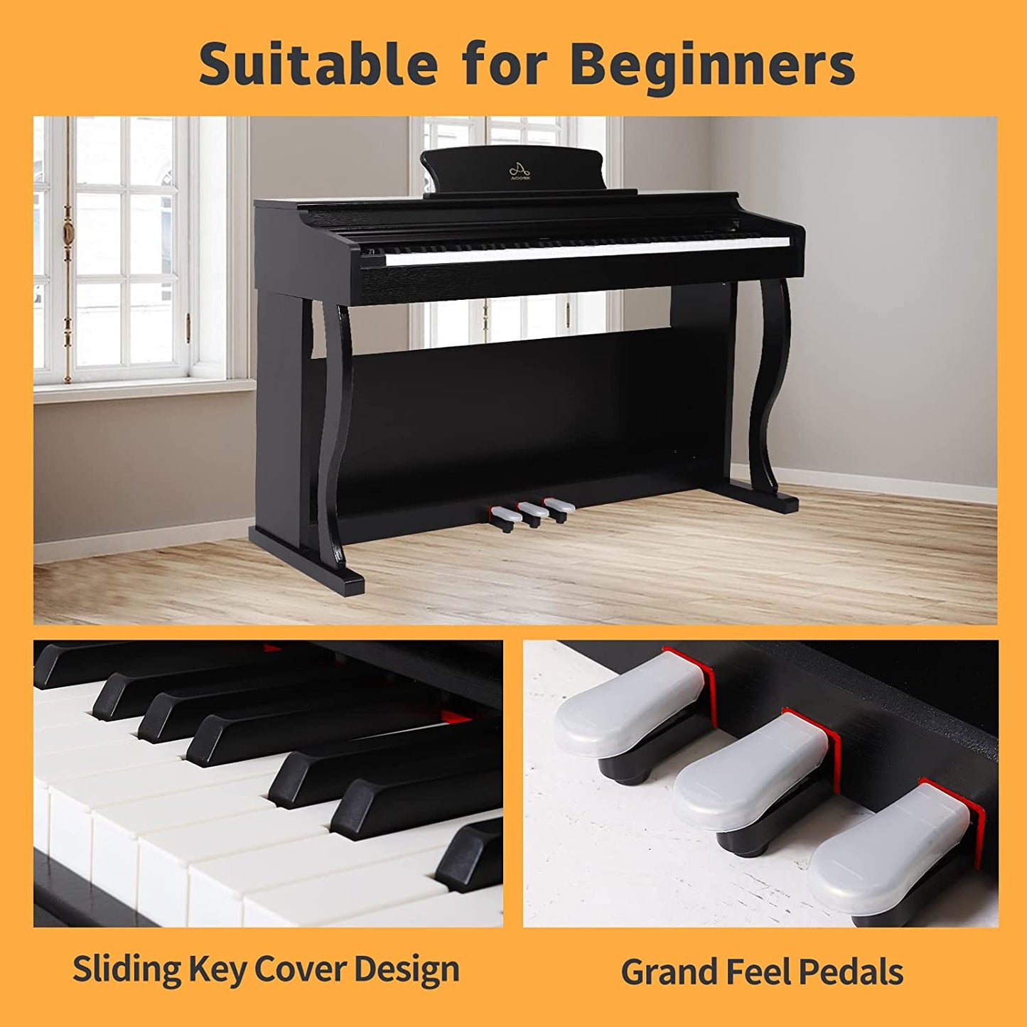 Digital Piano,AODSK 88 Key Weighted Hammer Action Digital Piano with Full-Size Weighted Keys,Beginner Bundle with Furniture Stand,Slide Key Cover,Black (UPB-91)