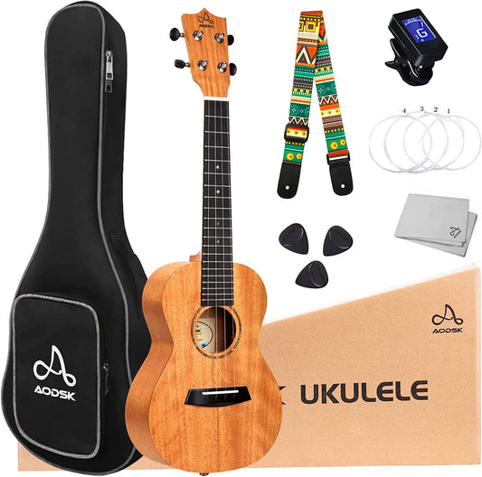 AODSK Ukuleles 23 Inch Solid Mahogany Uke For Professional Player,for Kid Adult Student, with Concert Ukelele Beginner Kit with Gig Bag